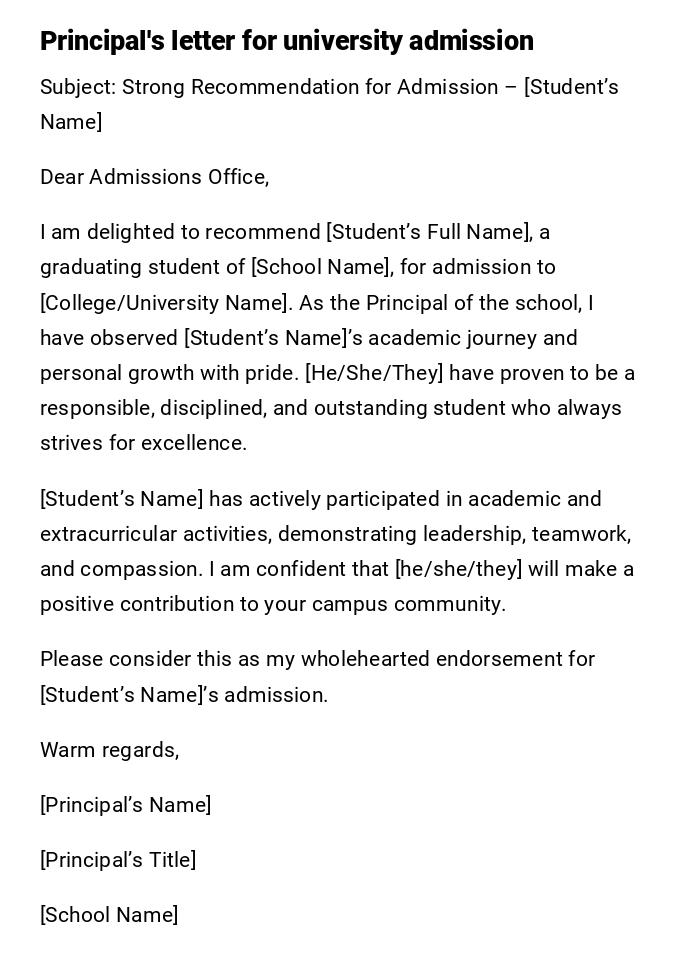 Principal's letter for university admission