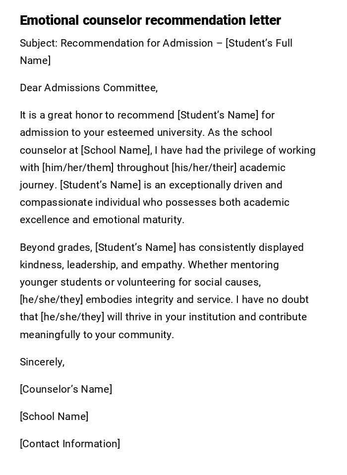 Emotional counselor recommendation letter