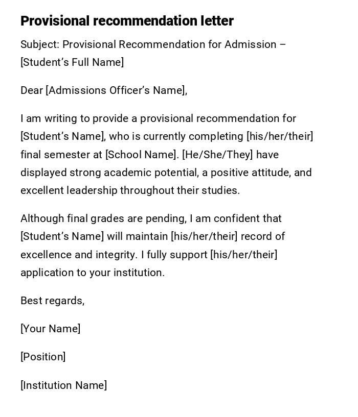 Provisional recommendation letter