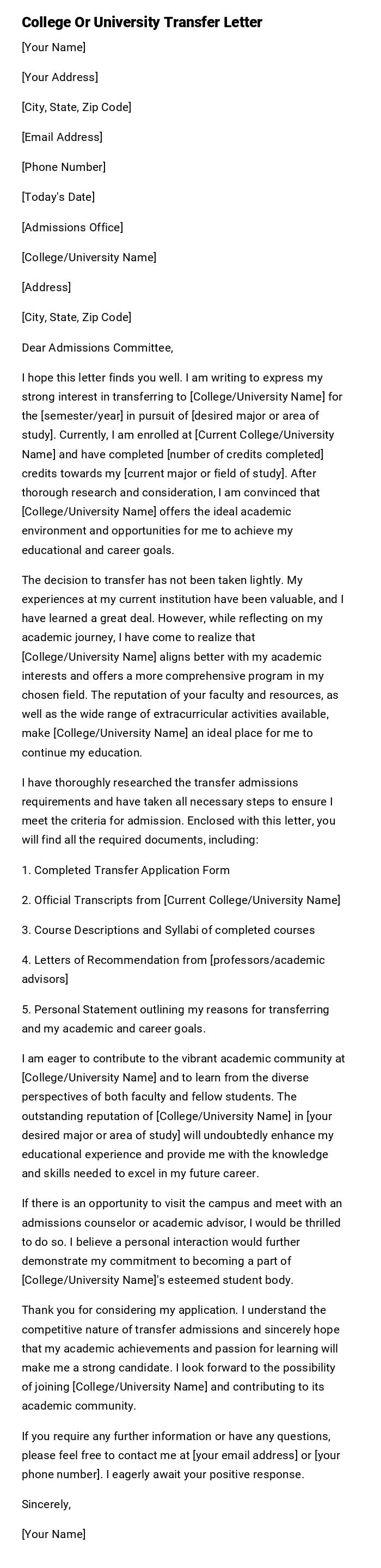 College Or University Transfer Letter College Or University Transfer Letter