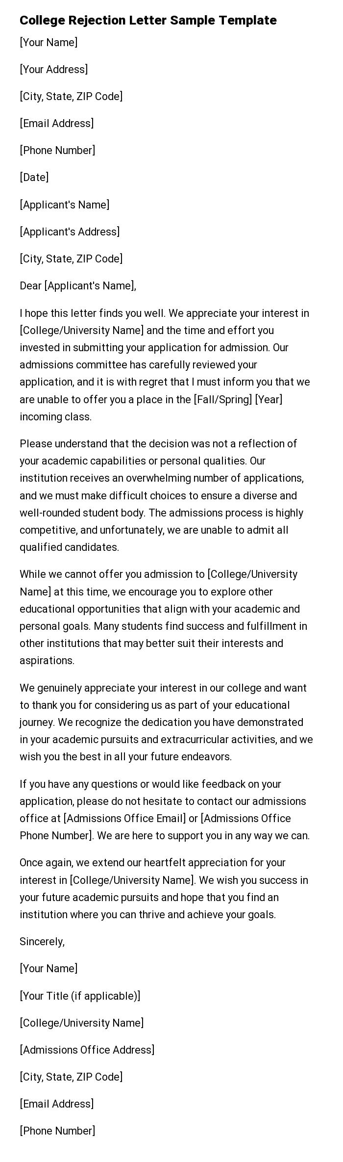 College Rejection Letter Sample Template