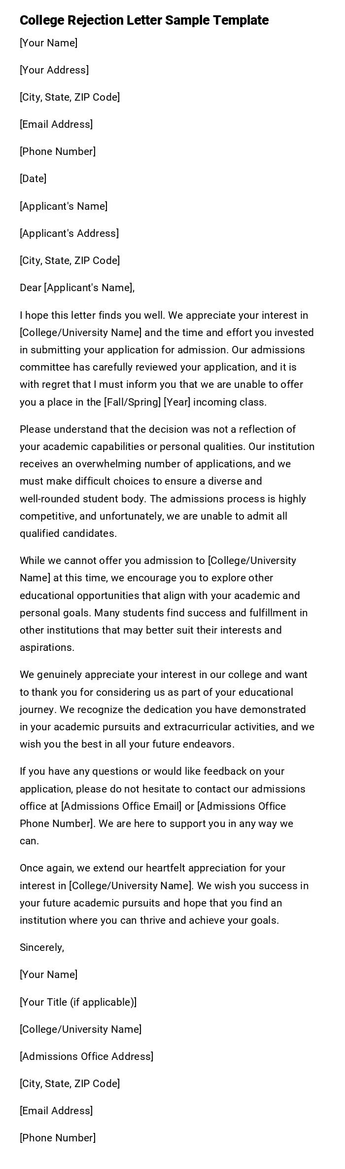 College Rejection Letter Sample Template