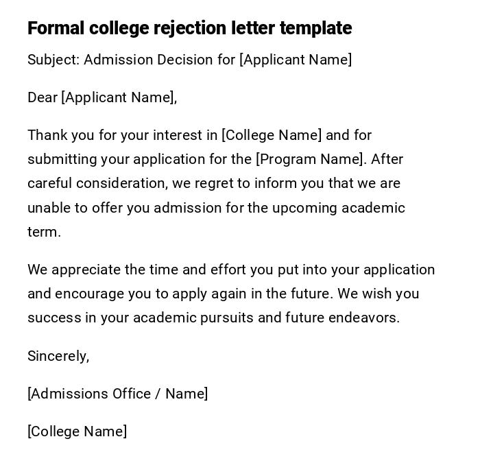 Formal college rejection letter template Formal college rejection letter template