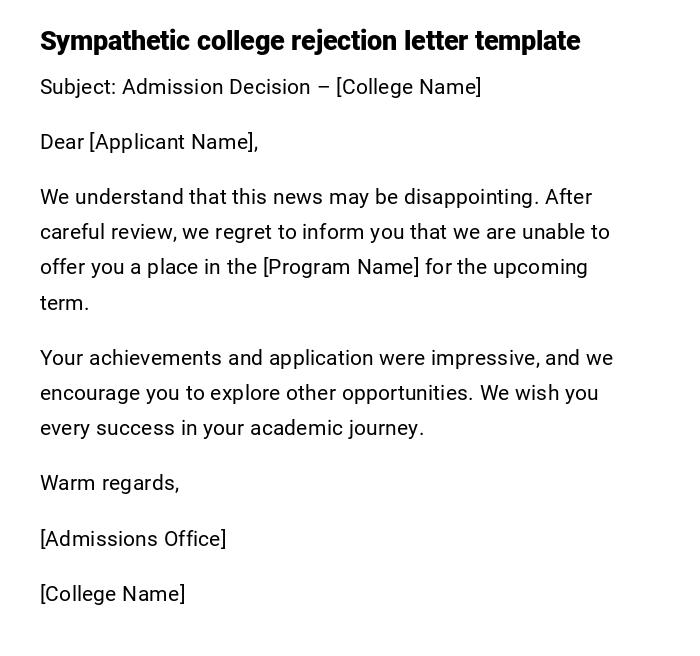 Sympathetic college rejection letter template Sympathetic college rejection letter template
