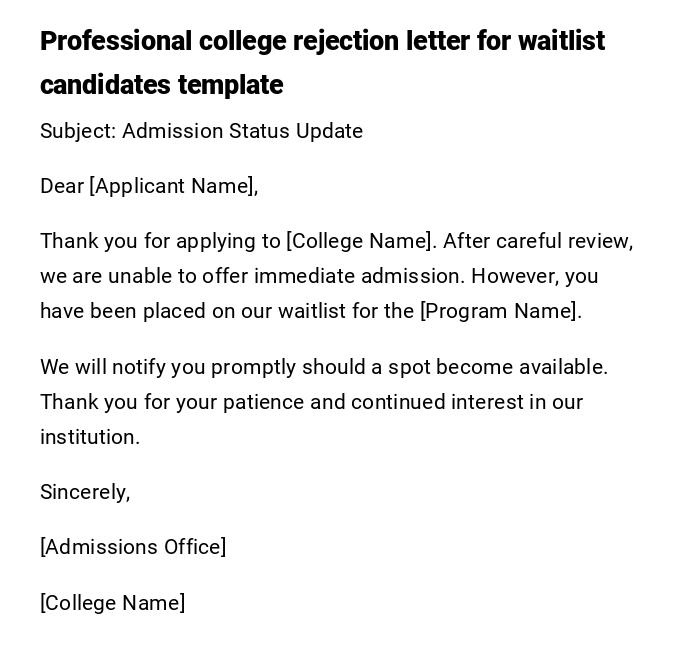 Professional college rejection letter for waitlist candidates template Professional college rejection letter for waitlist candidates template