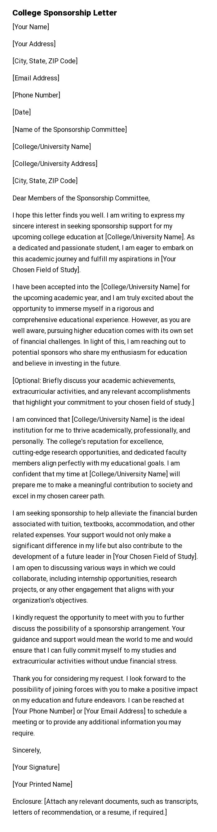 College Sponsorship Letter