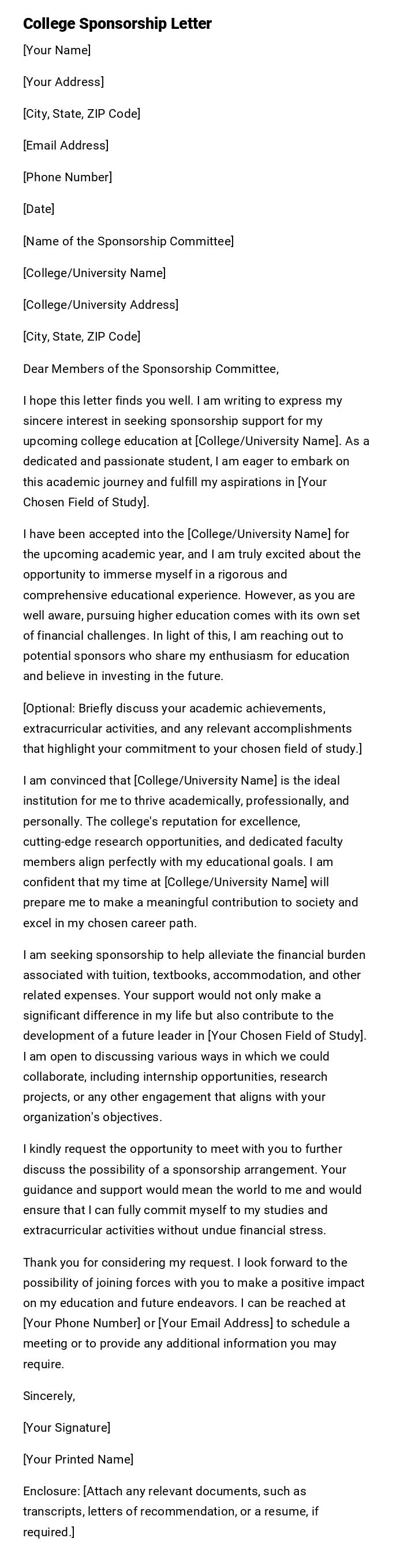 College Sponsorship Letter