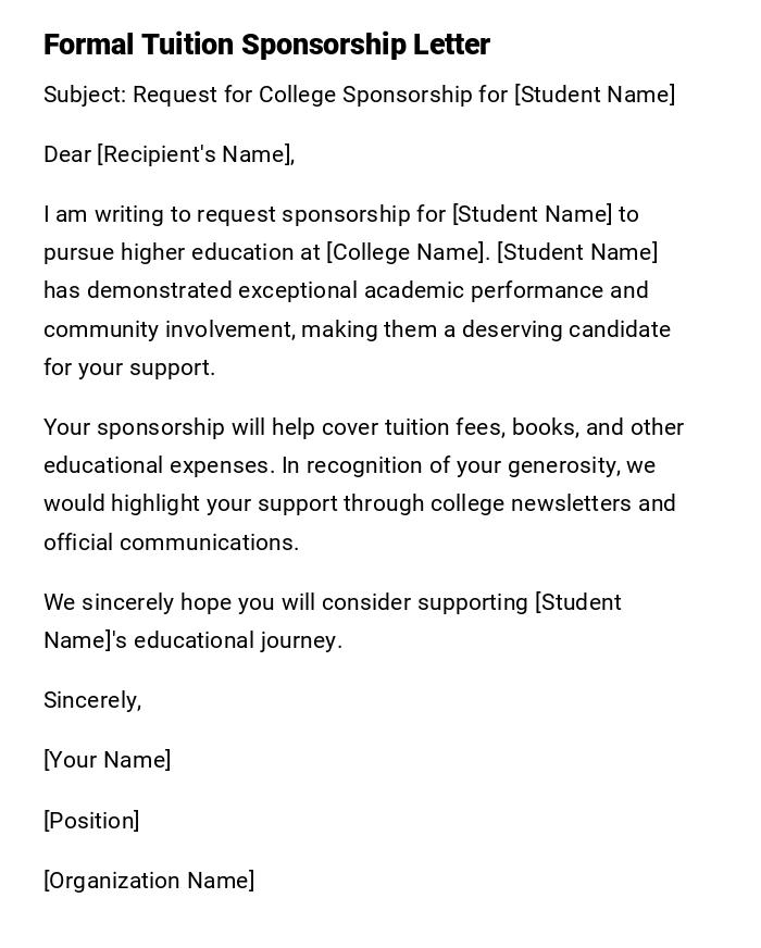 Formal Tuition Sponsorship Letter Formal Tuition Sponsorship Letter