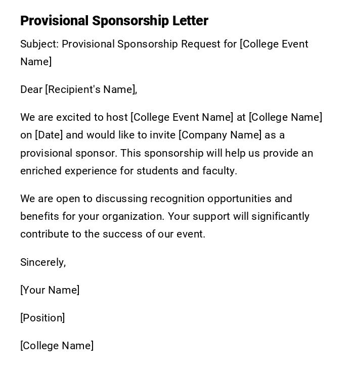 Provisional Sponsorship Letter Provisional Sponsorship Letter