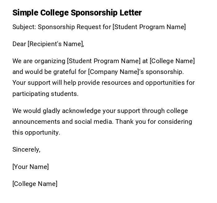 Simple College Sponsorship Letter Simple College Sponsorship Letter