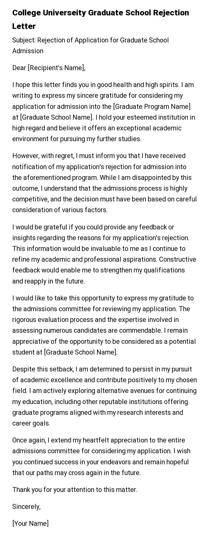 College Universeity Graduate School Rejection Letter