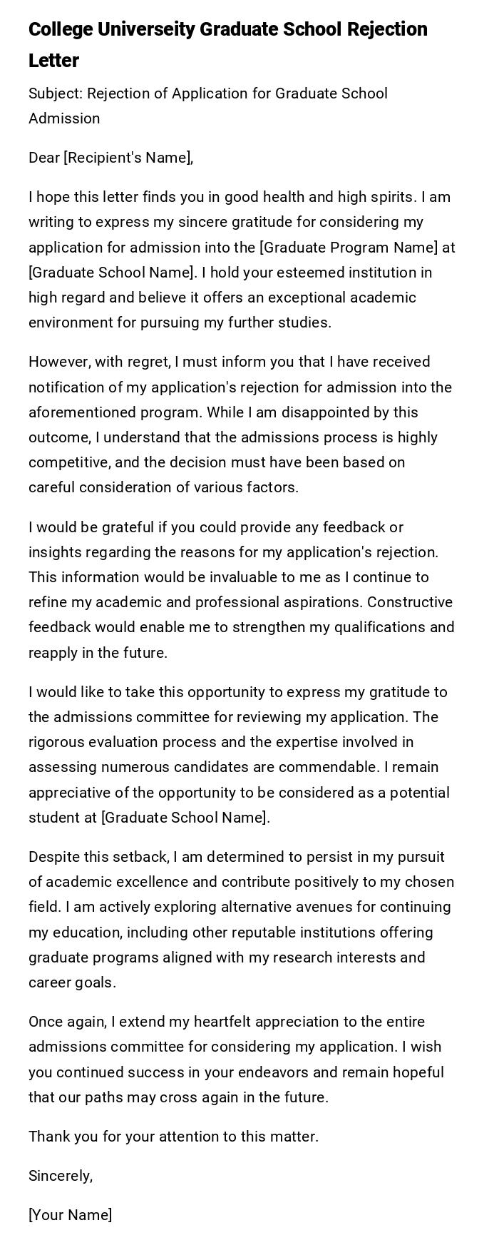 College Universeity Graduate School Rejection Letter