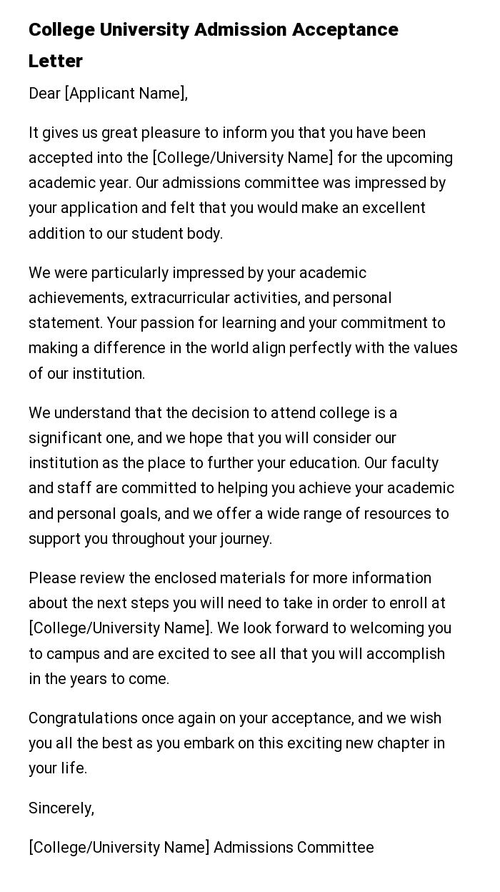 College University Admission Acceptance Letter
