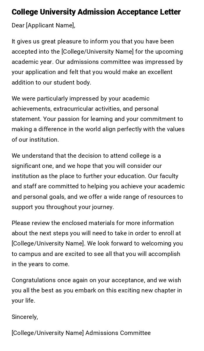 College University Admission Acceptance Letter