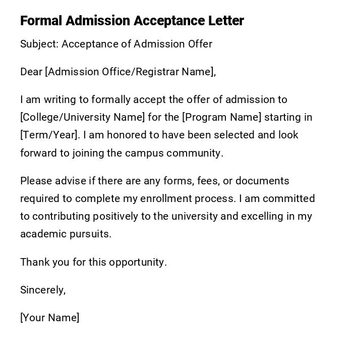 Formal Admission Acceptance Letter