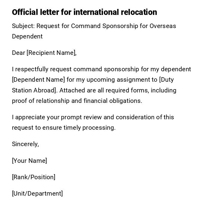 Official letter for international relocation