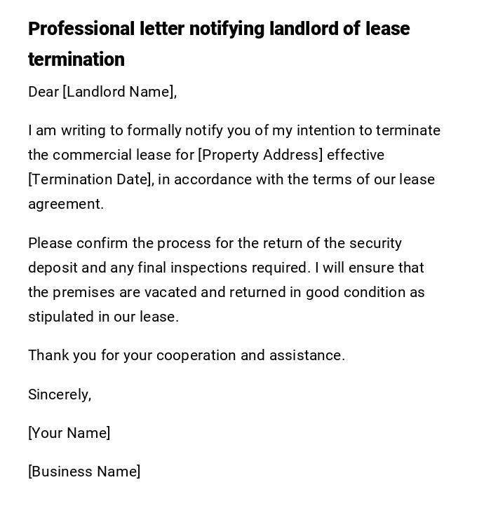 Professional letter notifying landlord of lease termination