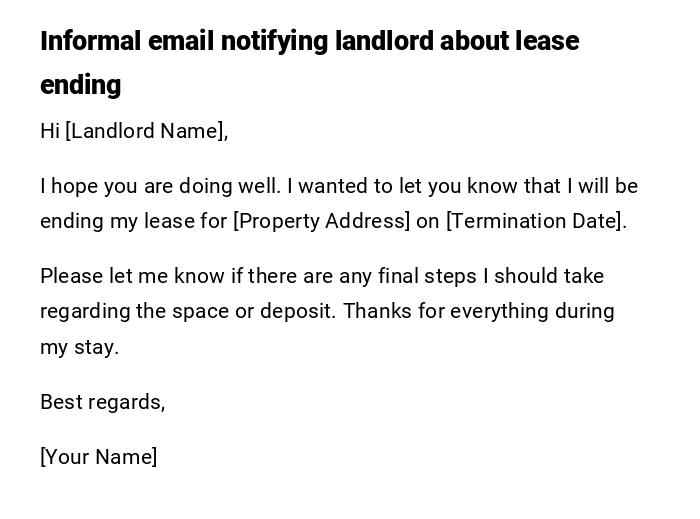 Informal email notifying landlord about lease ending
