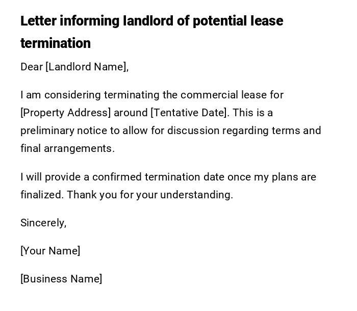 Letter informing landlord of potential lease termination