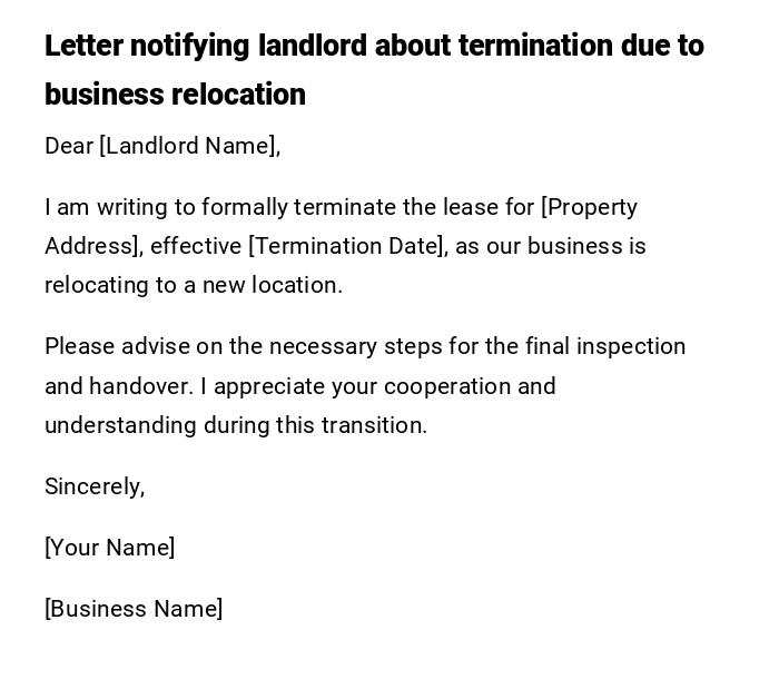 Letter notifying landlord about termination due to business relocation