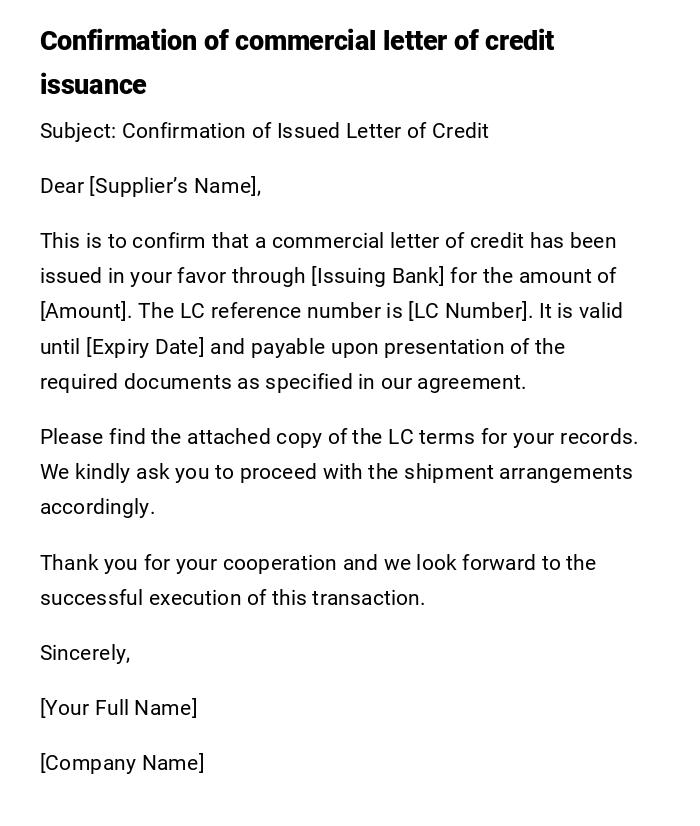 Confirmation of commercial letter of credit issuance