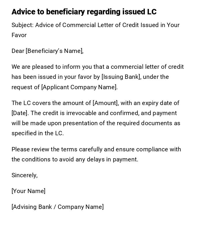 Advice to beneficiary regarding issued LC