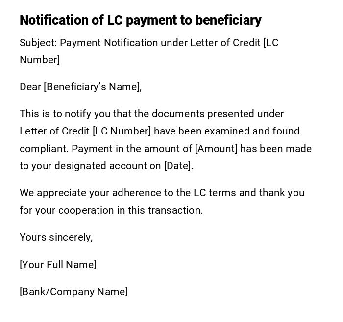 Notification of LC payment to beneficiary