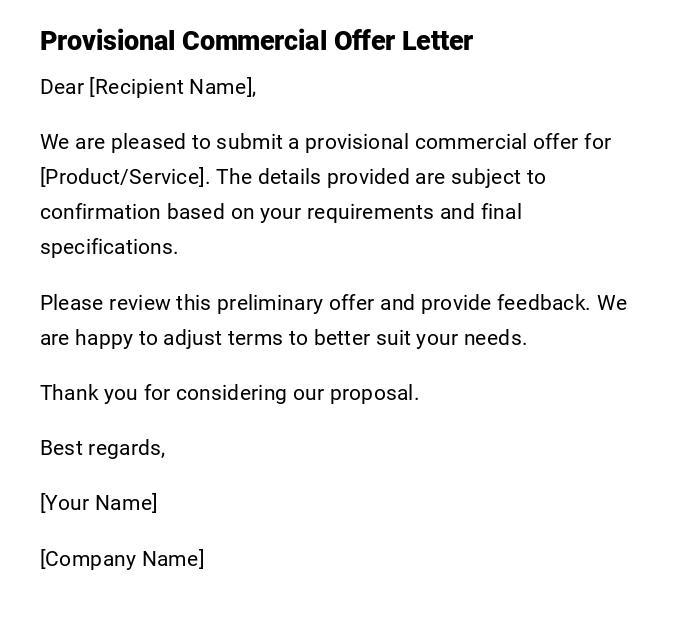 Provisional Commercial Offer Letter Provisional Commercial Offer Letter