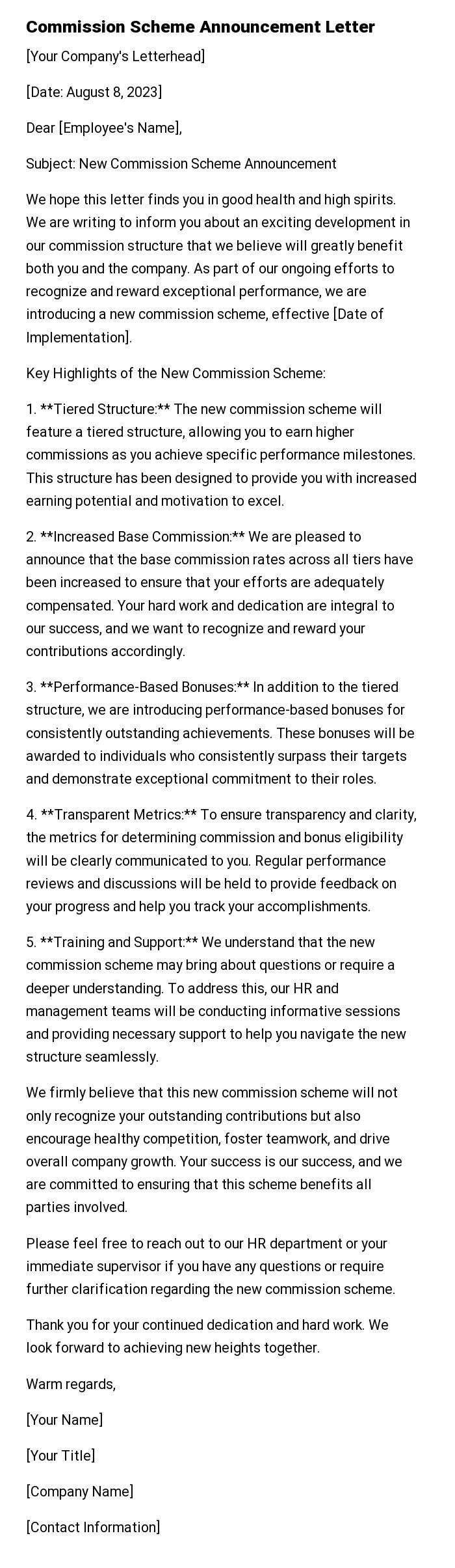 Commission Scheme Announcement Letter