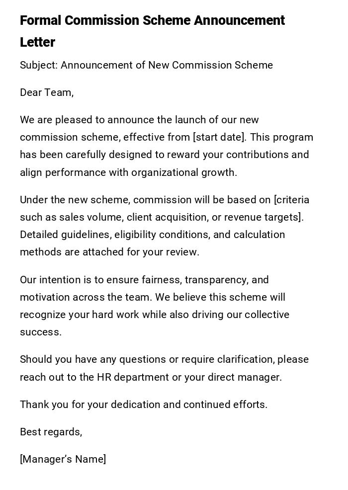 Formal Commission Scheme Announcement Letter Formal Commission Scheme Announcement Letter