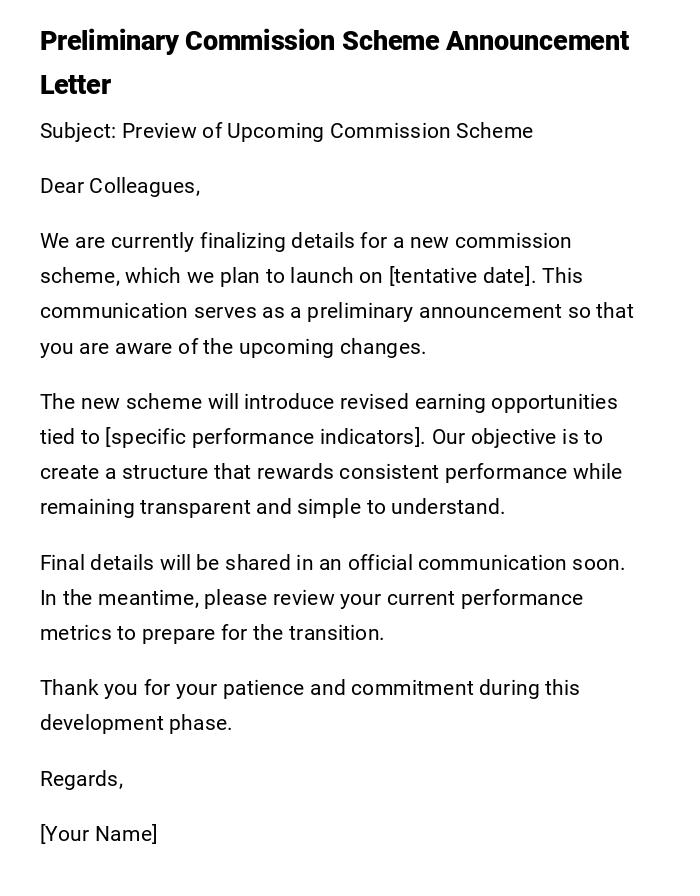 Preliminary Commission Scheme Announcement Letter Preliminary Commission Scheme Announcement Letter