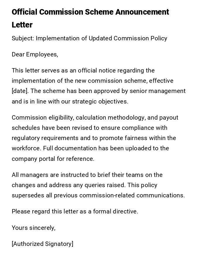 Official Commission Scheme Announcement Letter Official Commission Scheme Announcement Letter