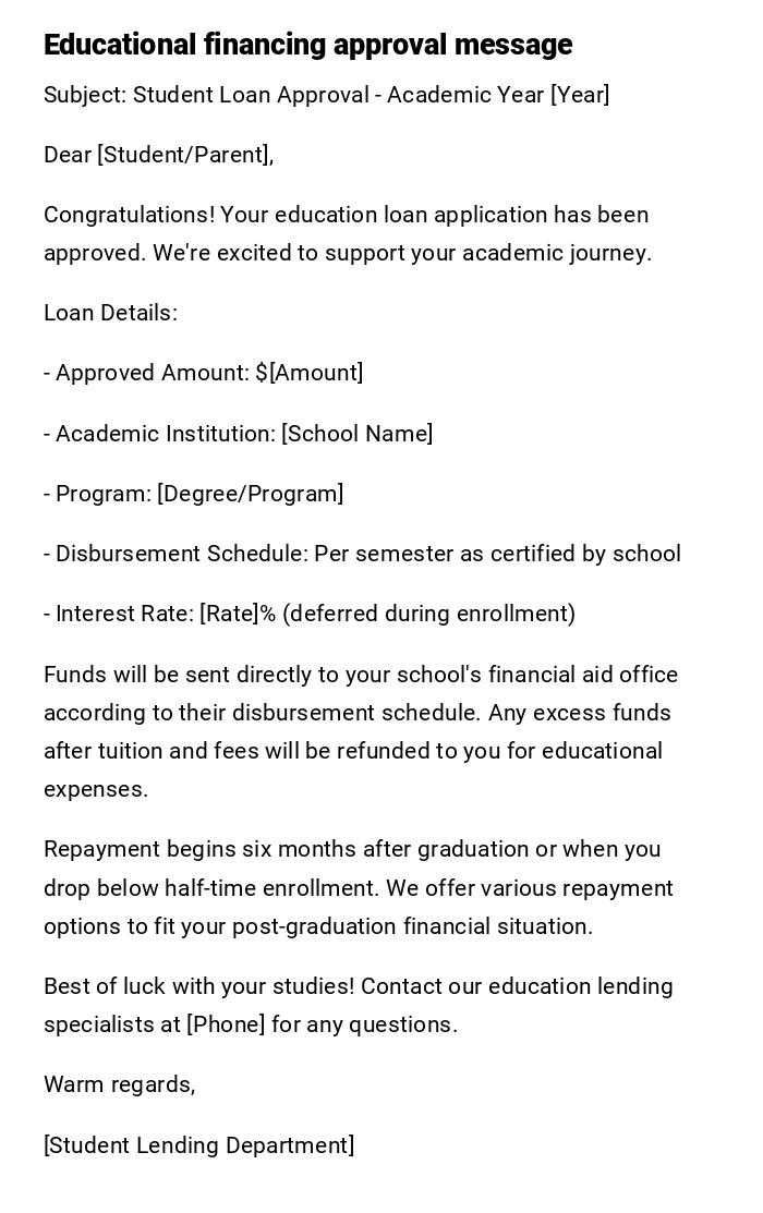 Educational financing approval message Educational financing approval message