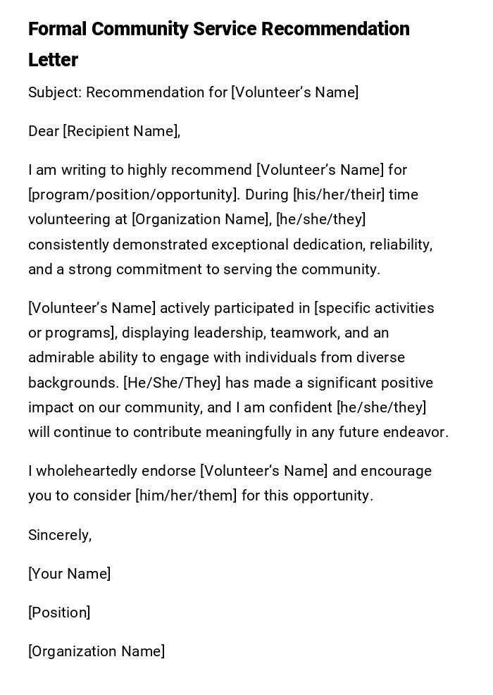 Formal Community Service Recommendation Letter
