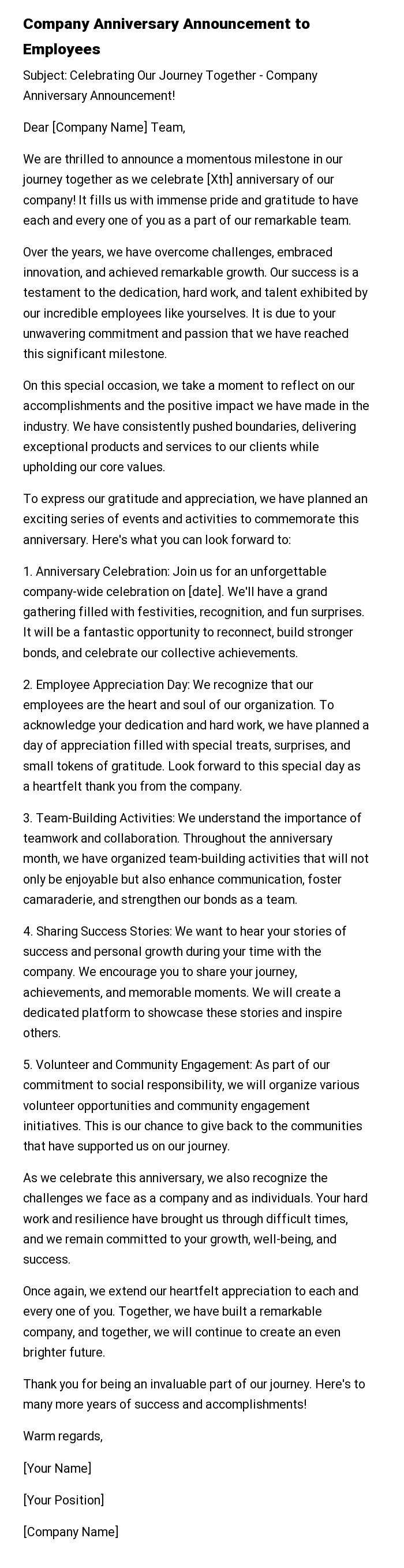 Company Anniversary Announcement to Employees