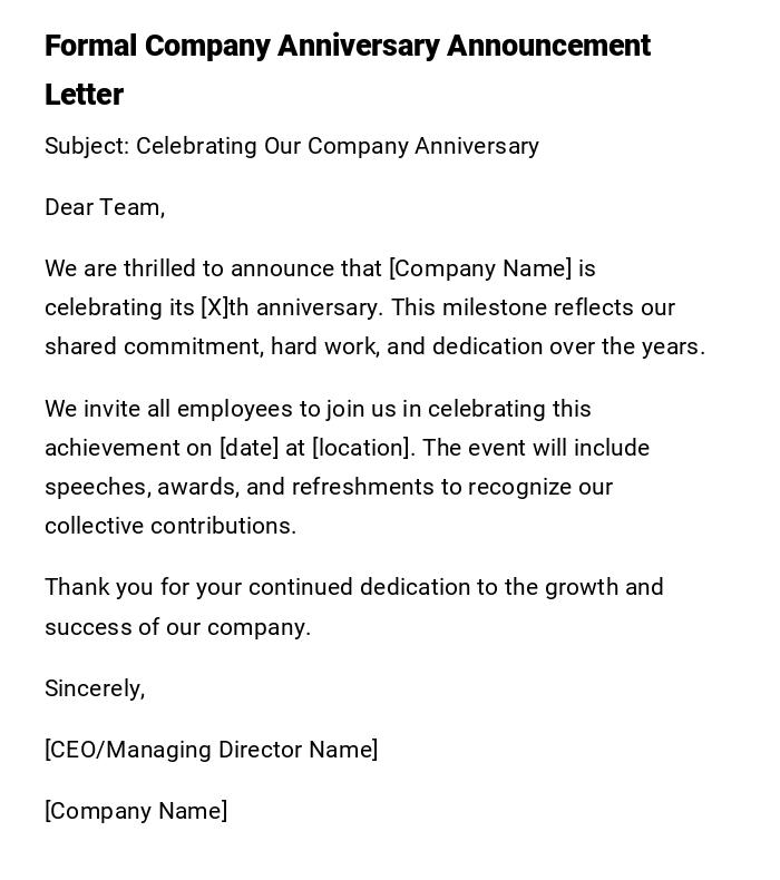Formal Company Anniversary Announcement Letter