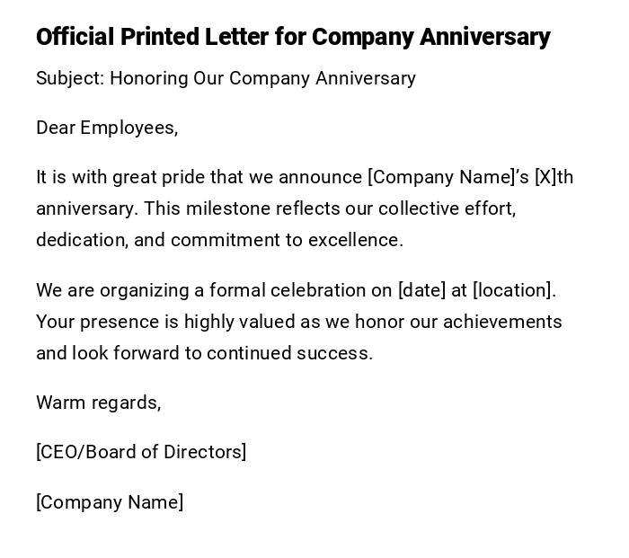 Official Printed Letter for Company Anniversary