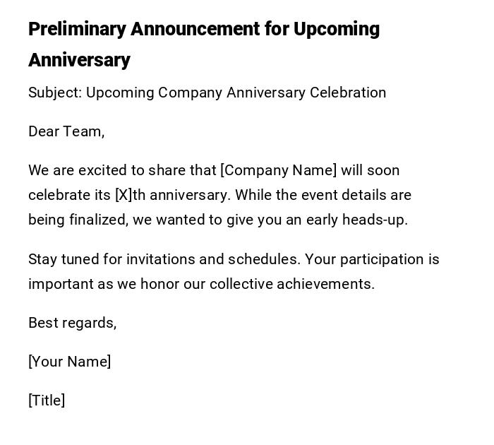 Preliminary Announcement for Upcoming Anniversary