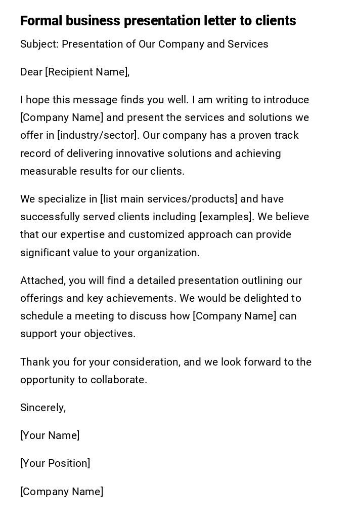 Formal business presentation letter to clients Formal business presentation letter to clients
