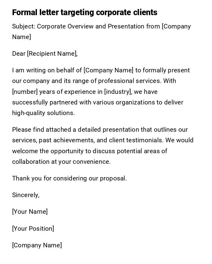 Formal letter targeting corporate clients Formal letter targeting corporate clients