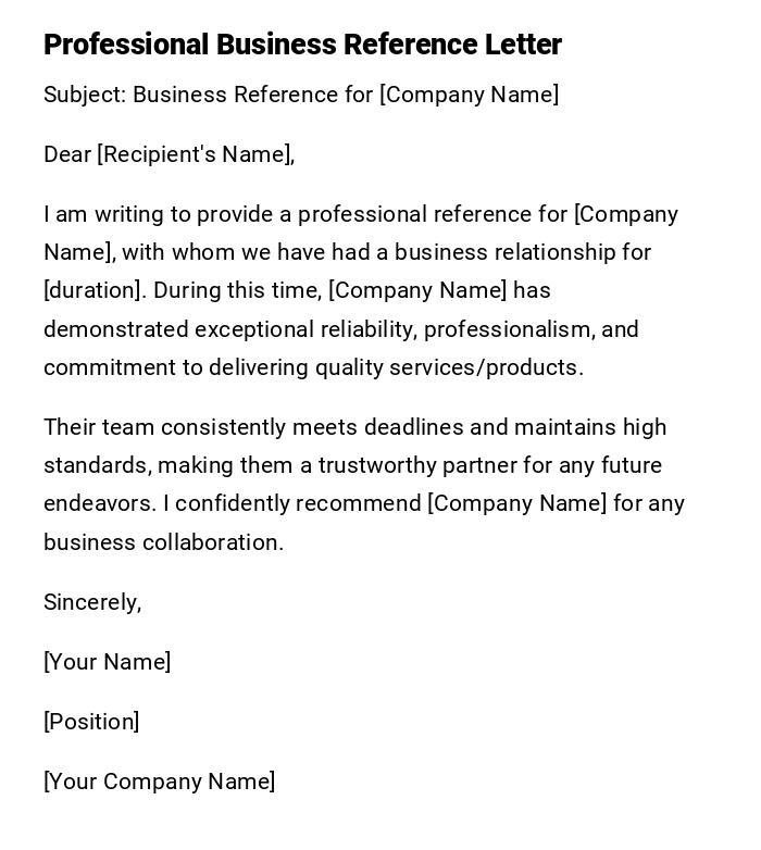 Professional Business Reference Letter Professional Business Reference Letter