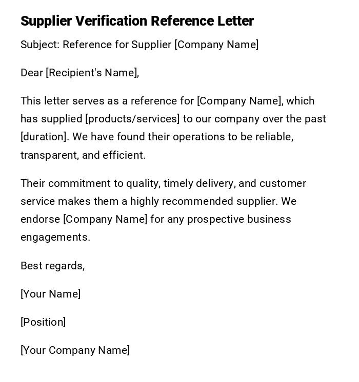 Supplier Verification Reference Letter Supplier Verification Reference Letter