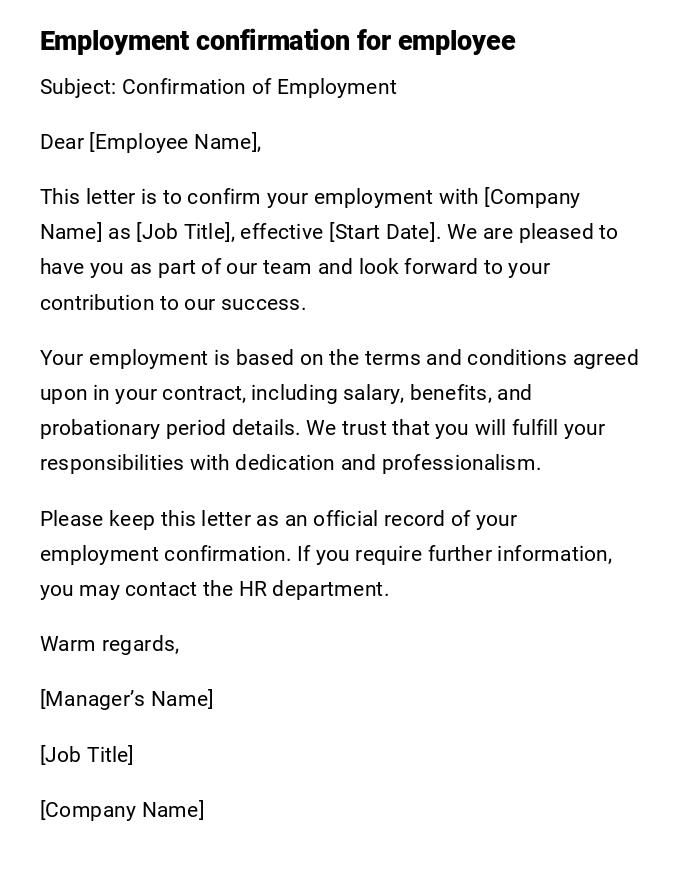 Employment confirmation for employee Employment confirmation for employee