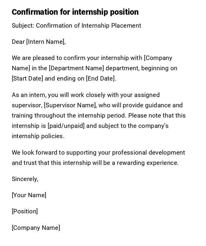 Confirmation for internship position Confirmation for internship position