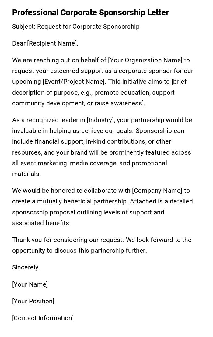 Professional Corporate Sponsorship Letter Professional Corporate Sponsorship Letter