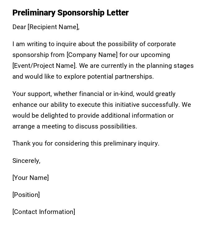 Preliminary Sponsorship Letter Preliminary Sponsorship Letter