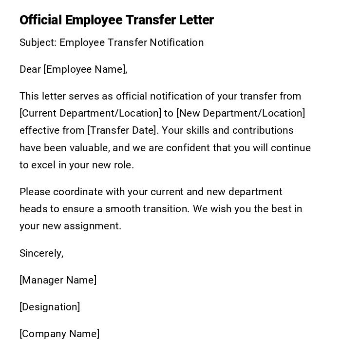 Official Employee Transfer Letter Official Employee Transfer Letter