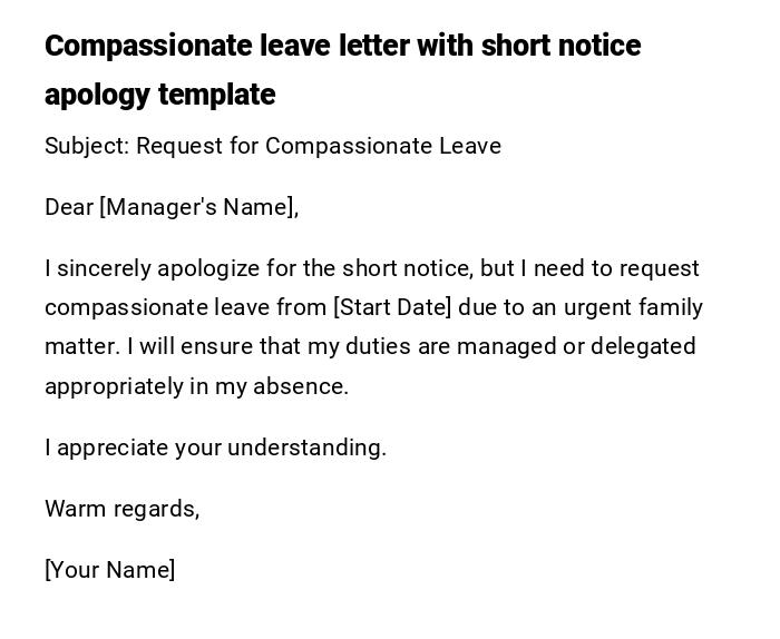 Compassionate leave letter with short notice apology template Compassionate leave letter with short notice apology template