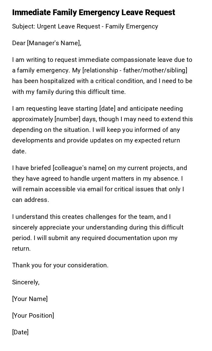 Immediate Family Emergency Leave Request Immediate Family Emergency Leave Request