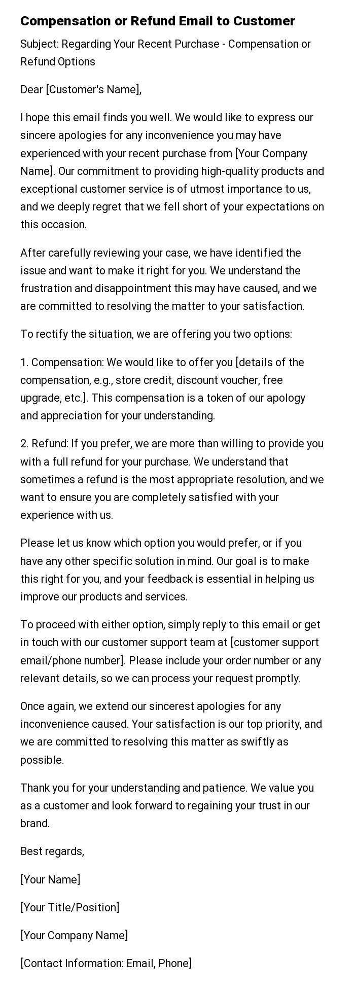 Compensation or Refund Email to Customer